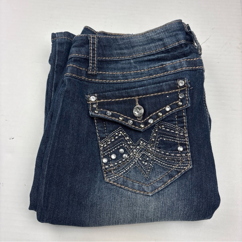 Earl Jeans Women Size 10 Jeans Dark Blue Denim Rhinestones Flap Pockets Bootcut